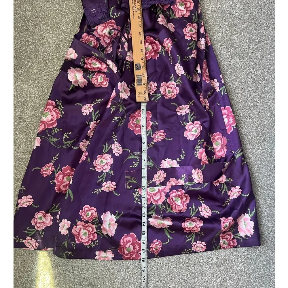 Amoureuse Peignoir Purple Floral Robe Belted Lace Liquid Satin Lounge Medium
